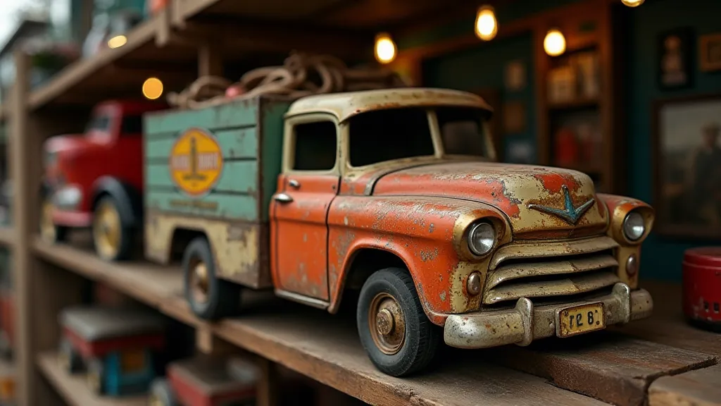 Vintage Buddy L truck displayed on a wooden shelf.