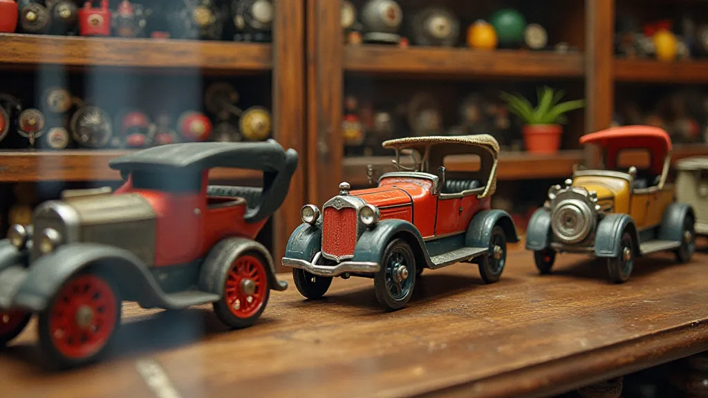 Display of antique cast iron toy cars