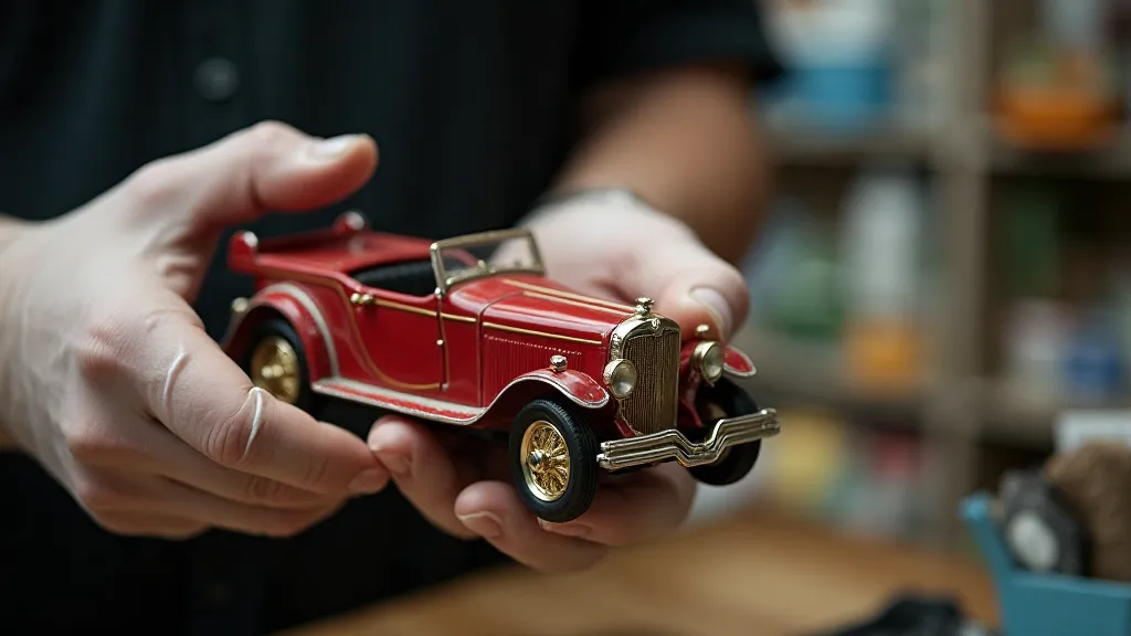 Collector wearing gloves handling a vintage toy car