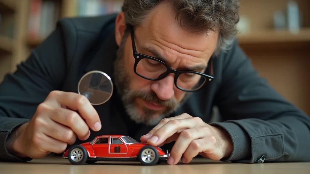 Collector inspecting a vintage toy car