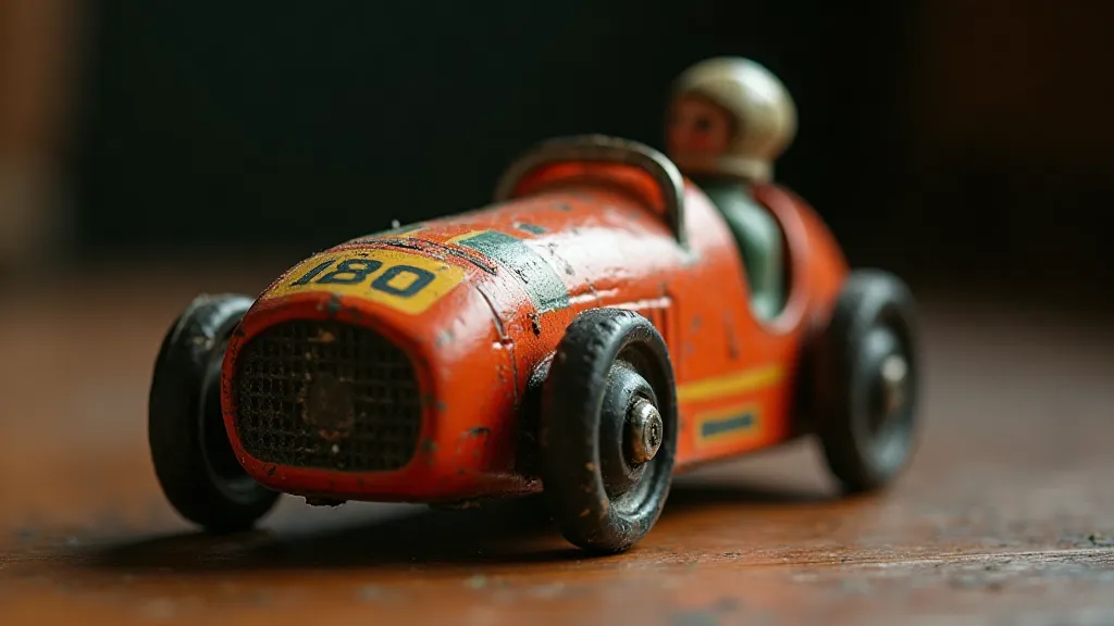 Close-up of a vintage Marx tin racer toy car.