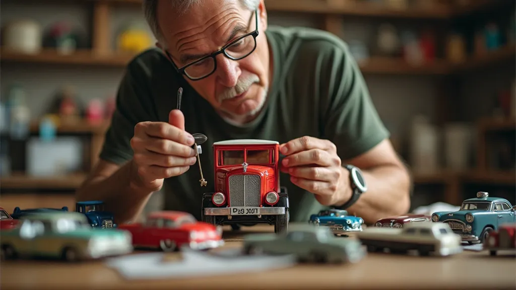 Collector examining a vintage toy car