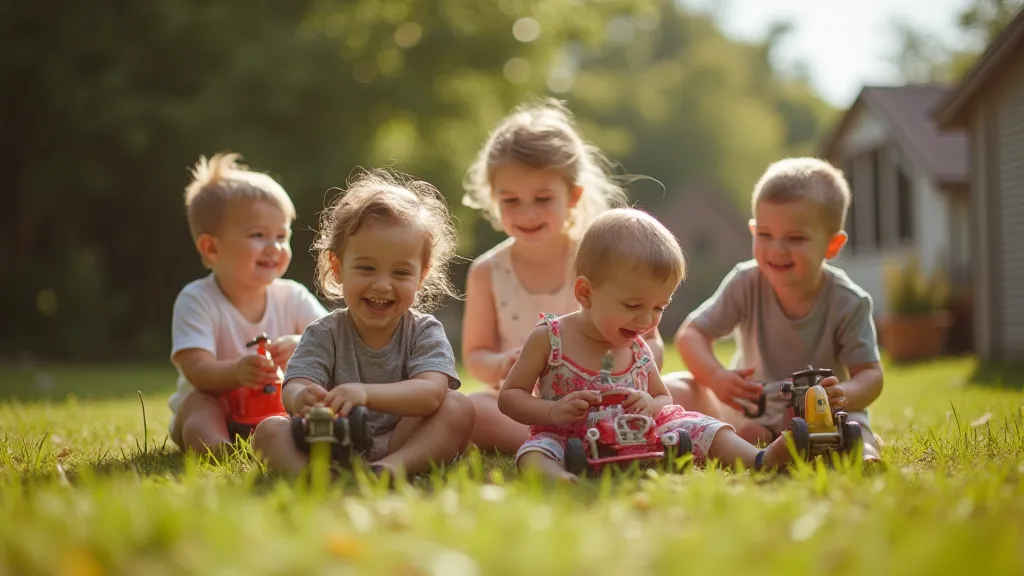 Children playing with vintage toy cars