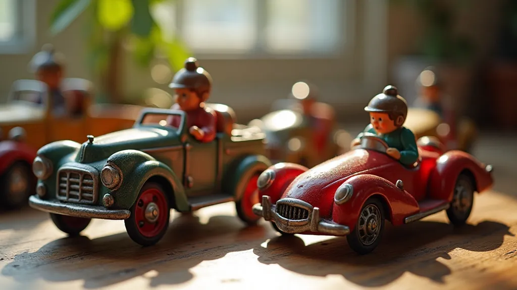 A collection of vintage toy cars displayed on a tabletop.