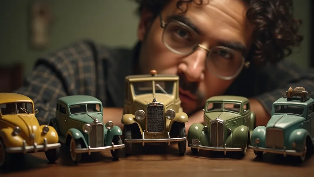 A collector showcasing a collection of wartime toy cars.
