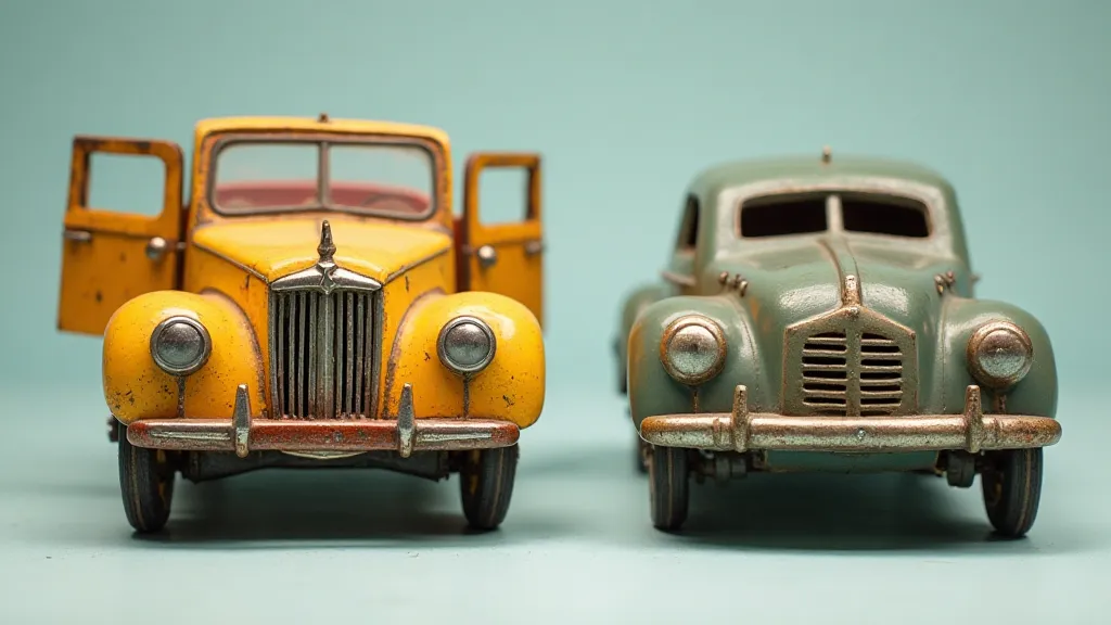 A comparison of a pre-war toy car and a wartime toy car, highlighting the design differences.