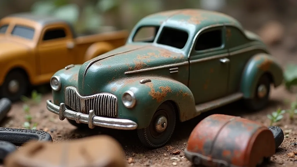 A collection of wartime toy car parts: thin tinplate, rubber substitutes, and muted paint samples.